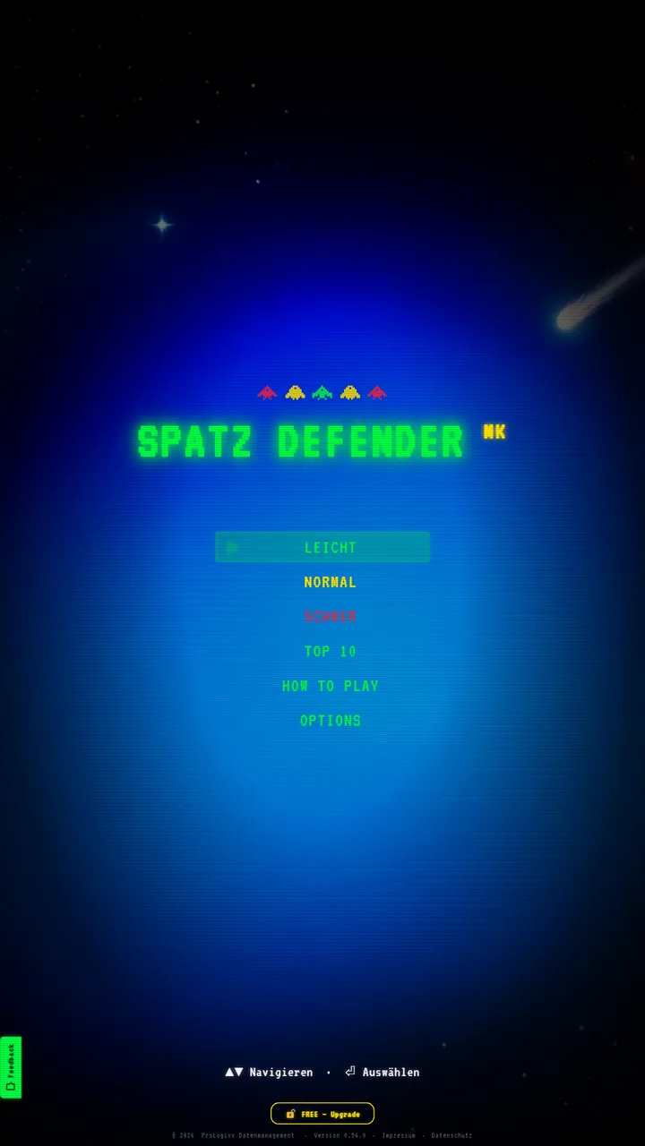 Spatz Defender Startscreen mit Vogel-Sprites, „PRESS START